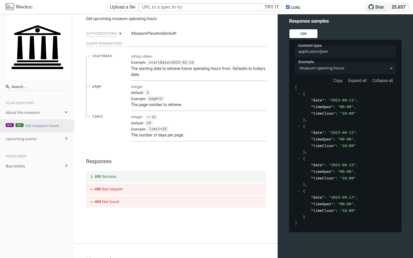 Redocly CLI rendering an example OpenAPI document into an interactive three-column reference site. The left sidebar lists endpoints grouped by tag. The middle column shows query parameters and response codes for the 'Get museum hours' endpoint. The right column shows a JSON response sample.